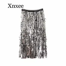 Весенняя модная Новая эластичная Женская сетчатая юбка с высокой талией и блестками и кисточками