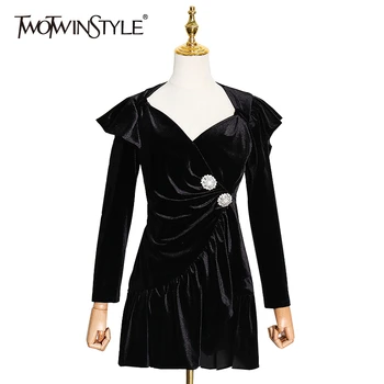 

TWOTWINSTYLE Elegant Patchwork Diamond Dress For Women V Neck Long Sleeve High Waist Ruffle Dresses Female 2020 Fahsion Clothing