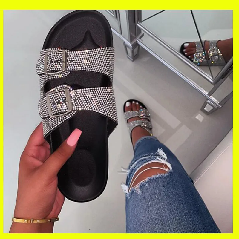 

New Summer Women Crystal Slippers Glitter Flat Soft Bling Female Candy Color Flip Flops Outdoor Ladies Slides Hot Beach Shoes