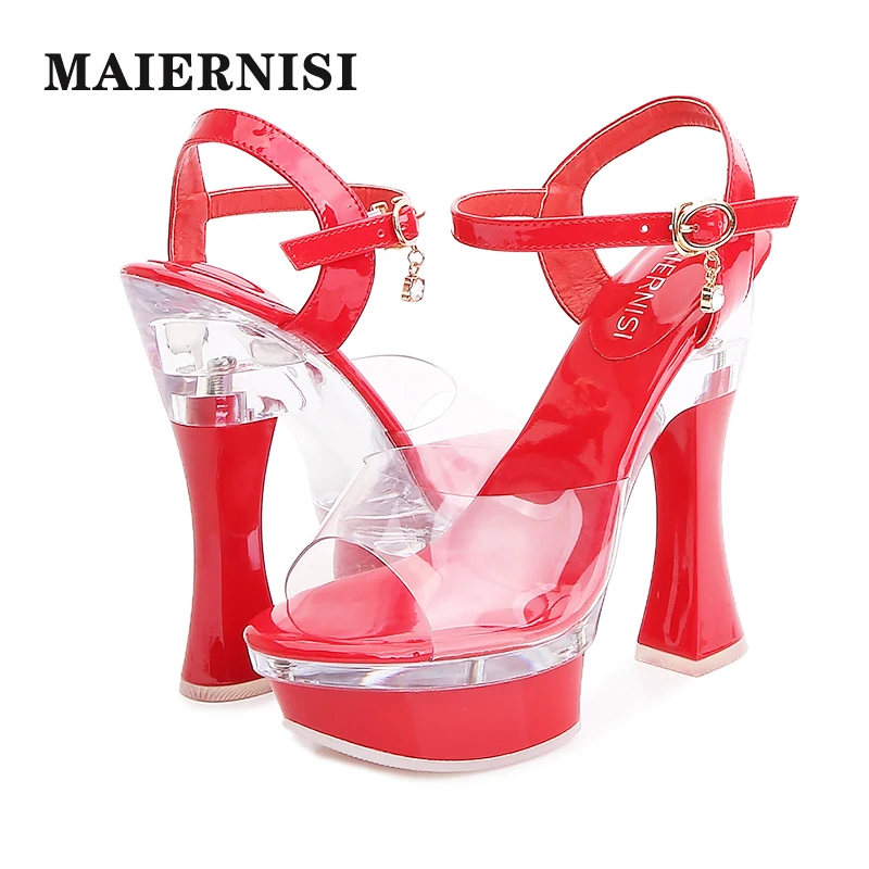 

MAIERNISI Women Shoes Transparent Waterproof Platform Sandals 2020 New Female Non-slip Rubber sole Thick Heel 14cm High Heels