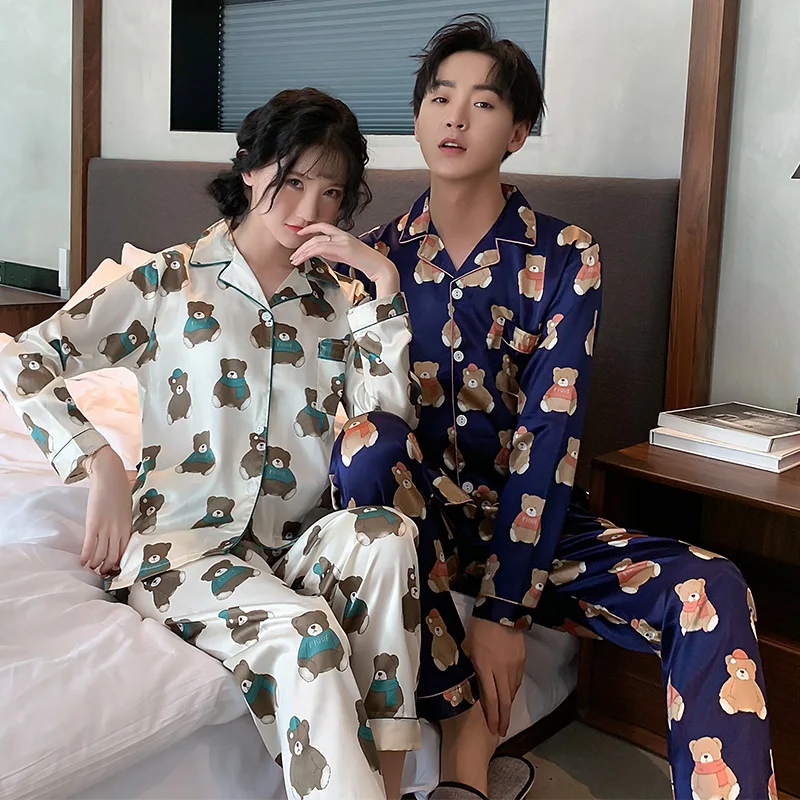

Pajamas Women's Spring And Autumn Long Sleeve Viscose Couples Set Korean-style Outer Wear Silk Thin Sweet Men And Women Home Wea
