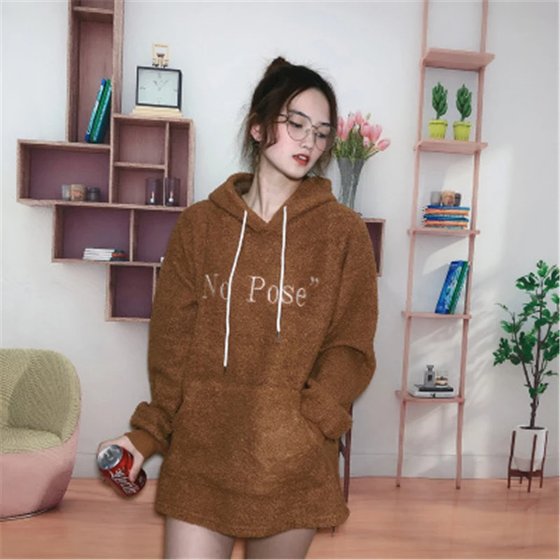 A Brown SZMALL, новинка, популярная зимняя теплая шерстяная толстовка с капюшоном для женщин, с буквенным принтом, флис, длинный рукав, свободная толстовка с капюшоном, пуловеры, женские топы, одежда - Цвет: A Brown