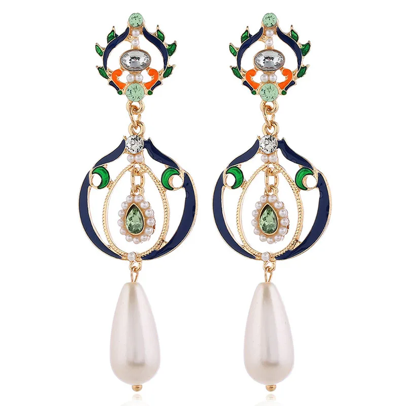Retro French Hand Painted Enamel Fine Jewelry Vintage Stud Earrings for Women Korean Fashion Imitation Pearl Tassel | Украшения и