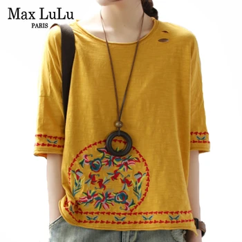 

Max LuLu 2020 Korean Summer Clothing Fashion Ladies Chinese Style Tee Shirts Womens Embroidery Tshirts Female Loose Cotton Tops