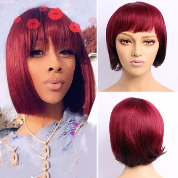 

Red Wig Short Bob Wig Wigs with Bangs Black mix Burgundy Hair 10inch Bob Wig Straight Human Hair Wigs Machine made wig remy 150%
