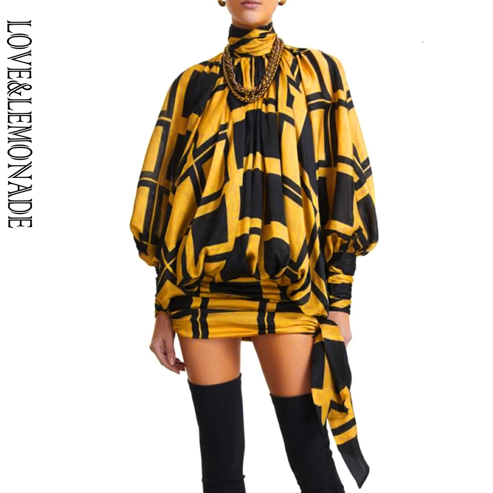

LOVE&LEMONADE Sexy Turtleneck Geometric Print Loose Ribbon Party Mini Dress LM9100