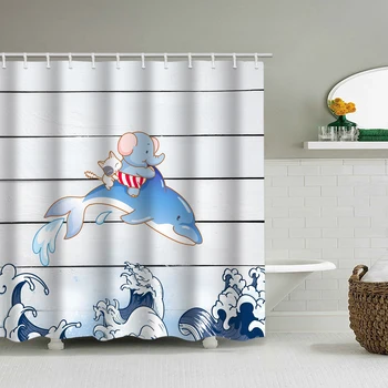 

Cartoon elephant kitten riding dolphin bathroom shower curtain bathroom partition curtain multiple size distribution hooks