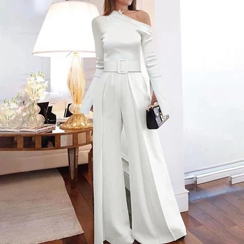 

One Shoulder Women Jumpsuit White Casual Long Sleeve Playsuit With Belt Wide Leg Long Trousers Pants Female Romper Playsuit