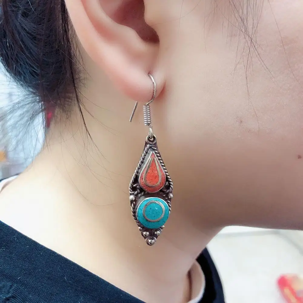 

ER182 Nepal Jewelry Colorful Stone Women Earrings Ethnic Tibetan Copper Inlaid Turquoises Coral Stone Dangle Earring