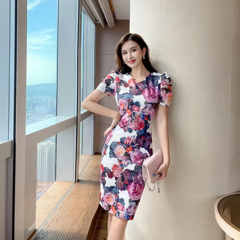 

2021 Summer New Women Printed Bodycon Dresses Puff Sleeve Show Silm Bandage Dress Package Hip Dresses High End Ladies Vestidos