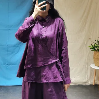 

2020 Autumn New Style Flax Fold-down Collar Vintage with Drawstring Tops Fold-down Collar Embroidered Long Sleeve Solid Color Sh