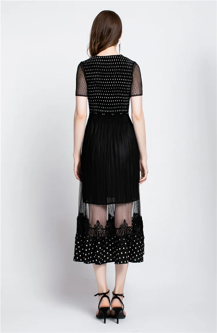 MIYAKE/Плиссированное летнее Эксклюзивное платье с короткими рукавами и сеткой; плиссированные платья в черный горошек;