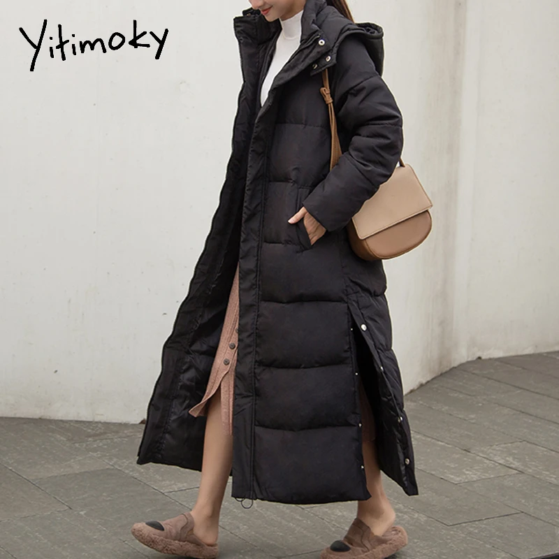 Yitimoky зимняя женская длинная куртка черная толстовка хлопковые пальто удлиненные