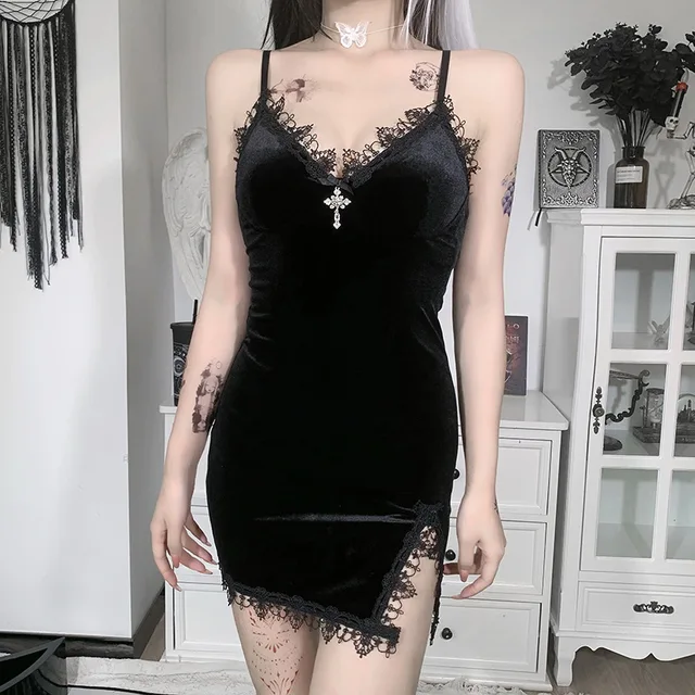 Minivestido negro cruzado oscuro para mujer, vestido Vintage Sexy con tirantes finos, cintura alta, con abertura, gótico, para fiesta y Club - Imagen 4