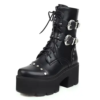 

Thick-Soled Thick-Heeled Metal Stud High-Heeled Mid-Calf Women's Boots High Waterproof Platform Elegant Thick-Heeled Boots