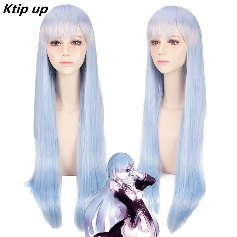 

Ktip Up Re:Life In A Different World From Zero Rem Long Straight Light Blue Cosplay Wig 80cm Anime Costume Party Synthetic Hair
