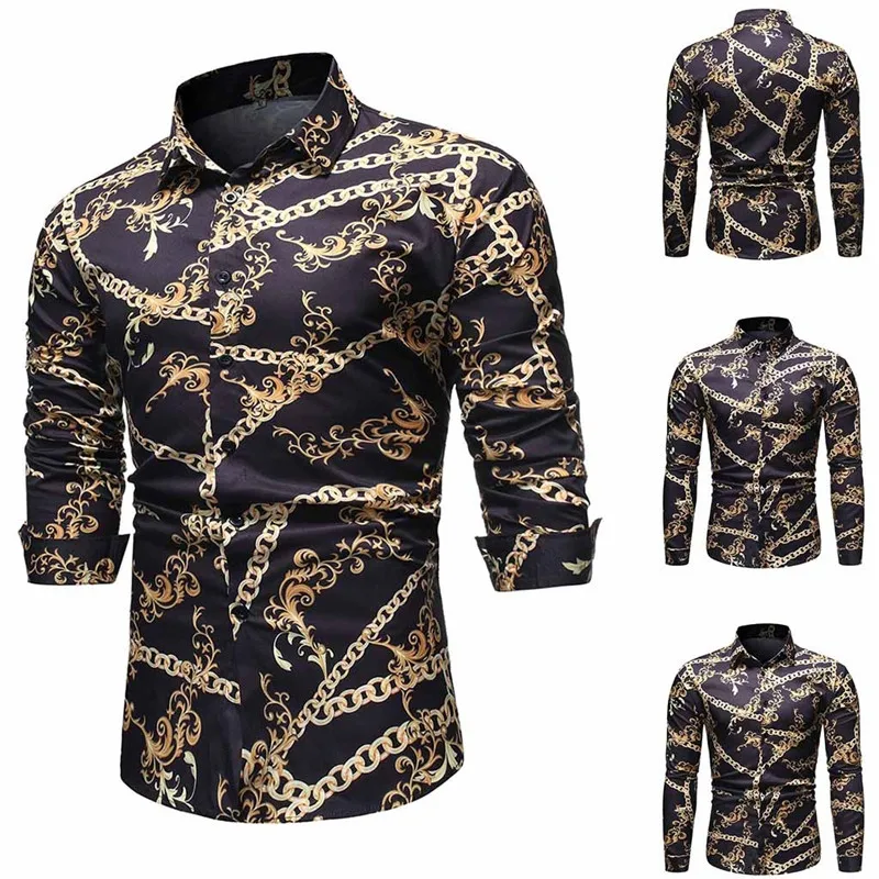 Camisa Masculina Новая Осенняя Повседневная модная Узкая рубашка с длинными рукавами и принтом в виде цепочки Camisa Social Masculina A55