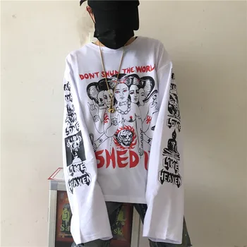 

Focal20 Streetwear Spoof Graffiti Letter Print Women T Shirt Crew Neck Women T-shirt White Loose Autumn Lady T-shirts