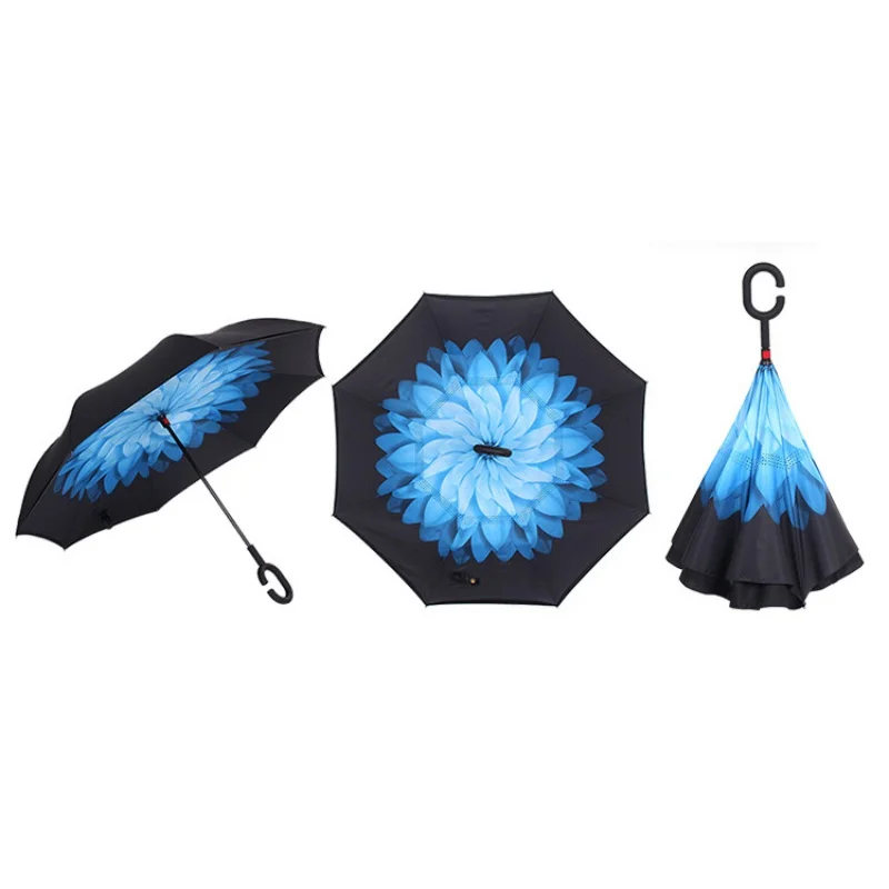 1 Blue Daisy Горячий ветрозащитный обратный складной зонтик двухслойный перевернутый самостоящий дождевик с-образной ручкой полуавтоматический зонтик - Цвет: 1 Blue Daisy