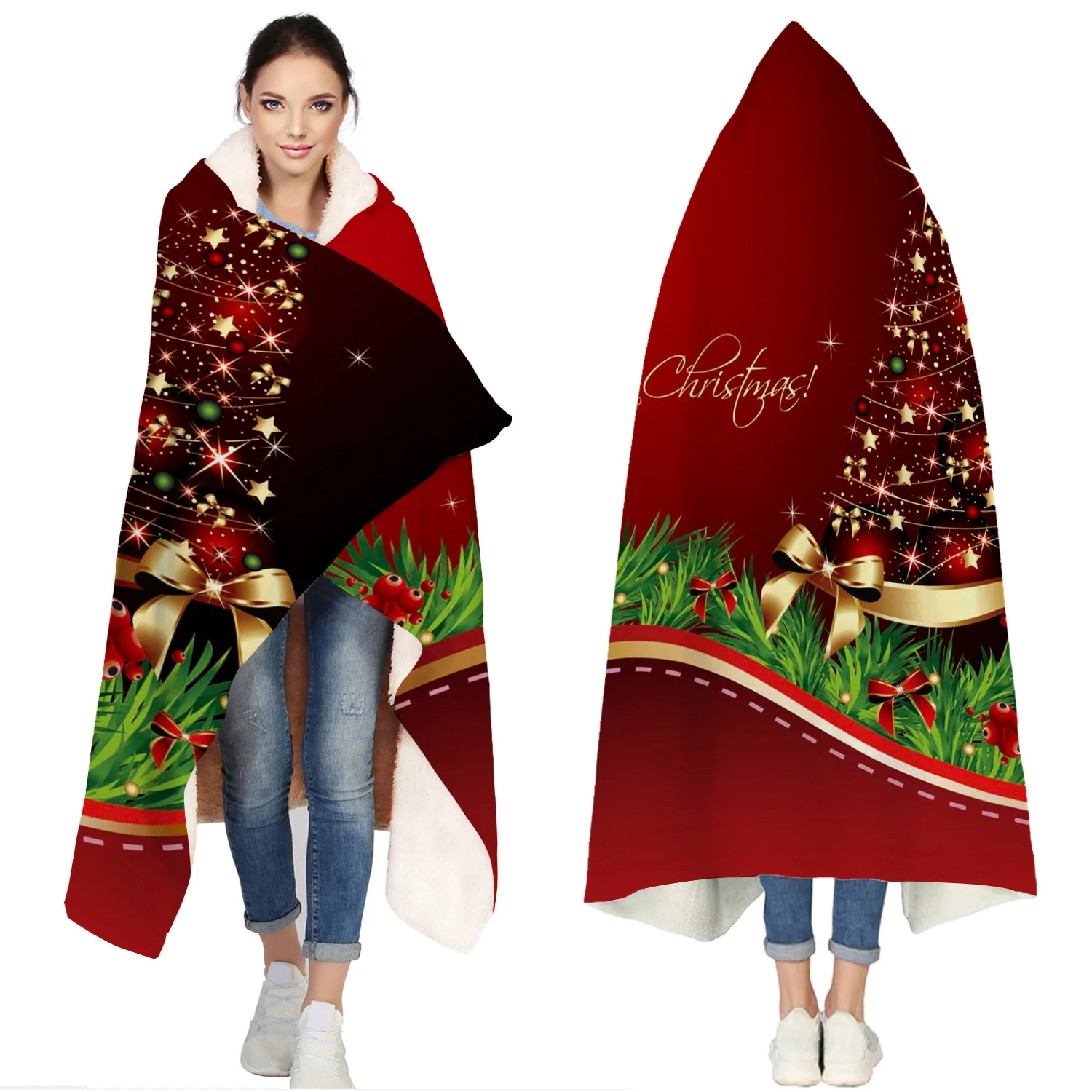 

Merry Christmas Tree Portable Wearable Fluffy Custom Hooded Blanket Fleece Hooded Throw WrapBed Blanket