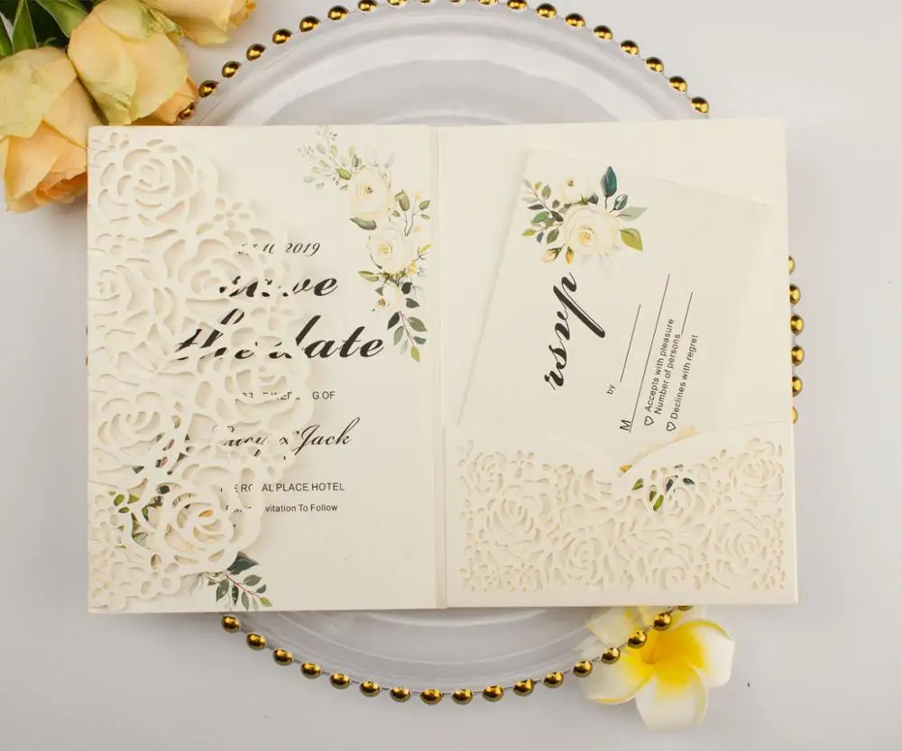 Прямая 50X Золотой/белый лазерный разрез с розами трехкратные свадебные пригласительные открытки персонализированные карманные пригласительные индивидуальные RSVP