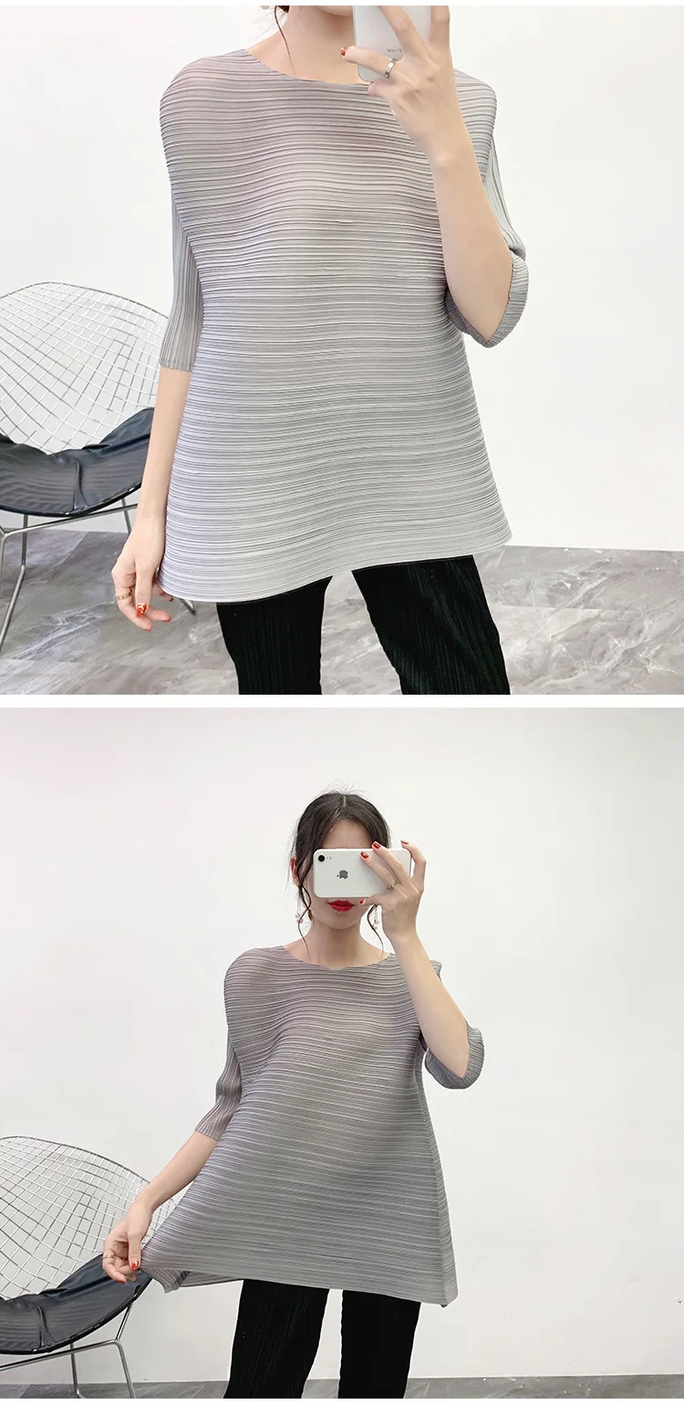 Miyake плиссированные футболки размера плюс для женщин Осенние новые эластичные свободные одноцветные повседневные женские топы с круглым вырезом и короткими рукавами