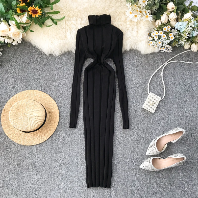 ALPHALMODA осеннее и зимнее рваное платье Новые пуловеры с высоким воротником и длинными рукавами тонкое трикотажное платье однотонное короткое простое платье