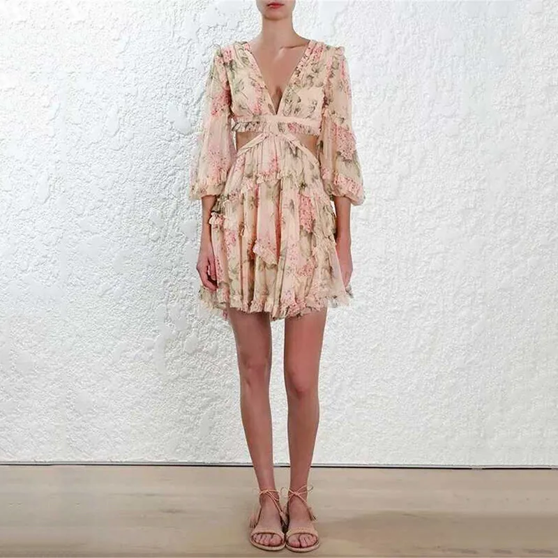 

New Designer Luxury Women Runway Dress V Neck Long Sleeve Ruffles Floral Printing Milan Runway Dress Female Mini Dresses