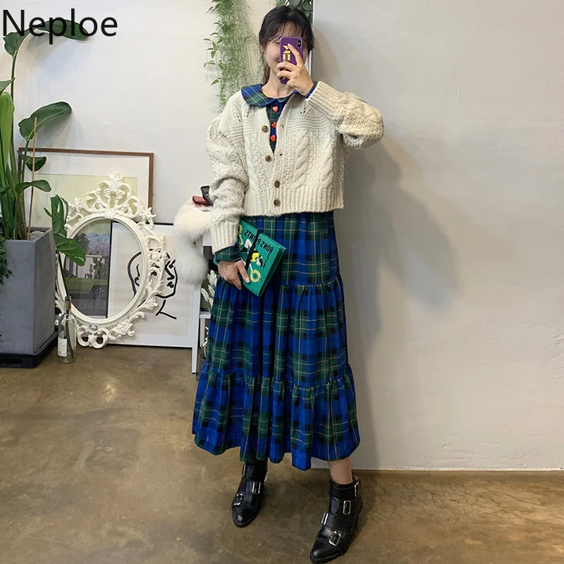 Neploe Korean Chic 2 Pcs Women Set Autumn Winter Long Loose Pleated Contrast Color Dress+ Twist Knitted Short Cardigan Sweater