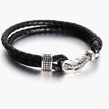 

Multi-Layer Genuine Leather Leaf Feather Bracelet for Men Stainless Steel Magnetic Clasp Fashion Bangles Male Jewelry