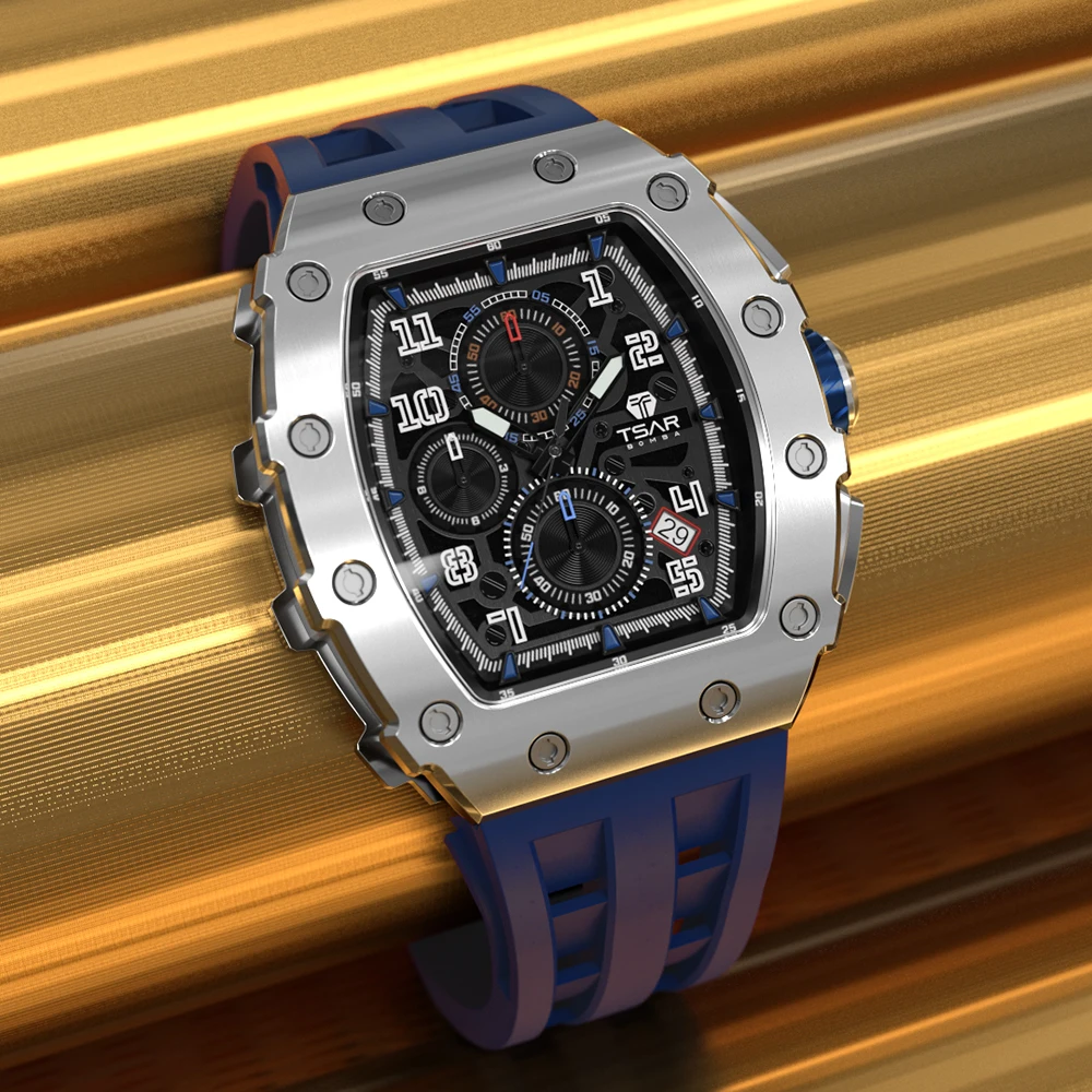 TSAR BOMBA Watch for Men Luxury Brand Tonneau Design Waterproof Stainless Steel Wristwatch Sport Chronograph Fashion Mens Watch