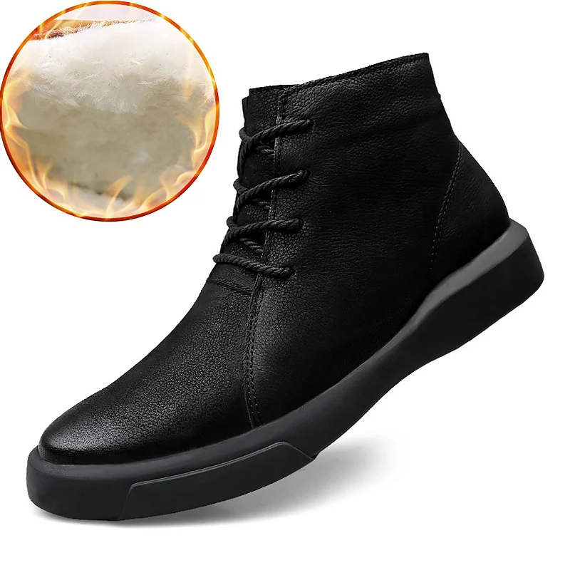 Black plus velvet Зимние ботинки; мужские ботильоны из натуральной кожи; износостойкие Нескользящие ботинки на резиновой подошве; Плюшевые мужские ботинки; большой размер 56 - Цвет: Black plus velvet