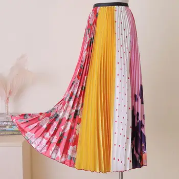 

Print stitching skirt spring and summer new women elastic high waist elegant pleated skirt