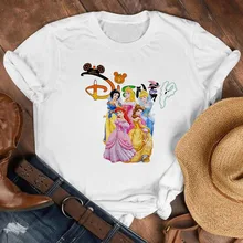 

Disney Fashion Princesses Print T Shirt Women White Casual Tees New Kawaii Short Sleeve 90s Ladies Tops Loose Oversized T-shirts