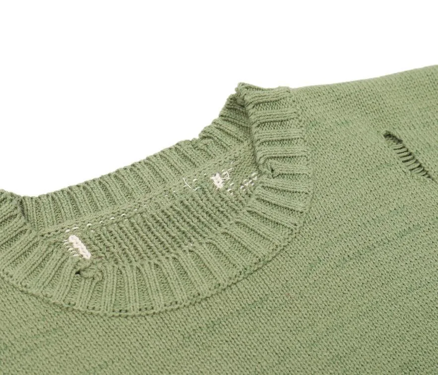 Men Oversized Sweater Green Loose Skeleton Bone Printing Woman High Quality High Street Damage Hole Vintage 1:1 Knitted Sweater