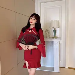 Vestido para Año Nuevo 2022, moda de manga acampanada, ajustado, Color puro, Mini vestido con abertura, estilo Retro chino, vestido de alta calidad