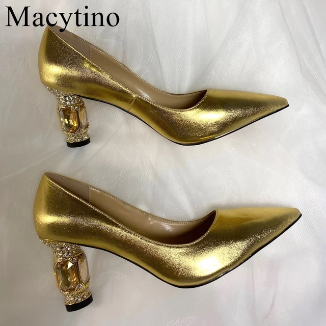 Luxury Design Gold Crystal Block Heels Women Pumps Shoes Gold Patent Leather Sexy Wedding Party Official Shoes Woman Size 43 1