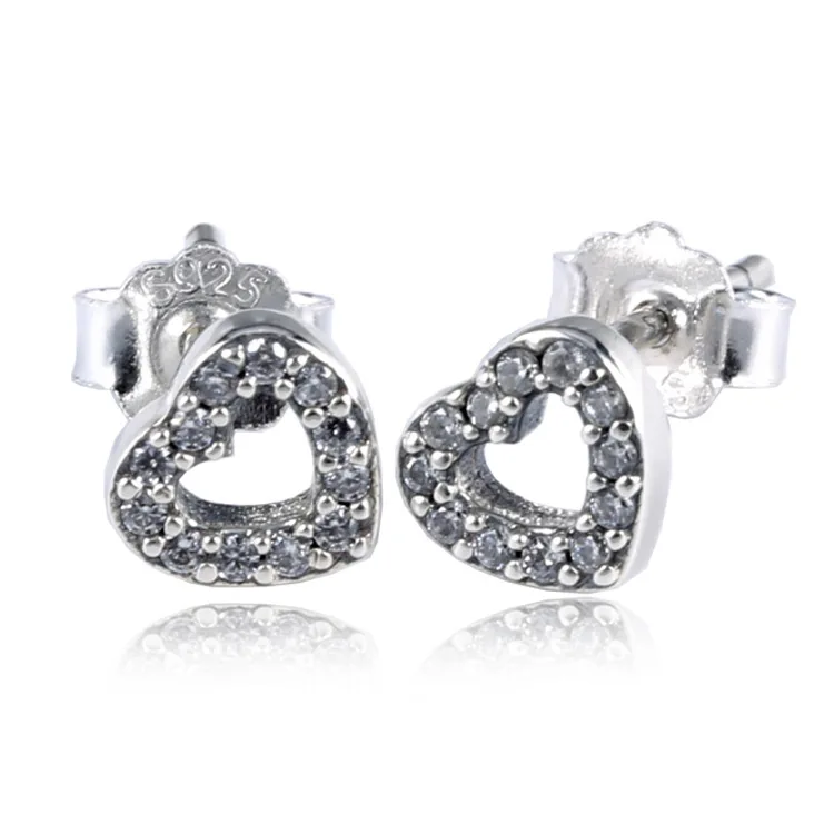 

Authentic 925 Sterling Silver Earring Open Heart Pave With Crystal Studs Earring For Women For Women Wedding Gift Fine Jewelry