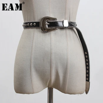 

[EAM] Pu Leather Black Metal Buckle Split Joing Long Belt Personality Women New Fashion Tide All-match Spring 2020 1S921