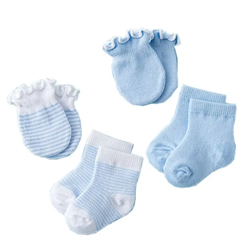4 пары детских носков для новорожденных, дышащие эластичные перчатки с защитой от царапин, подарок для душа - Цвет: Небесно-голубой