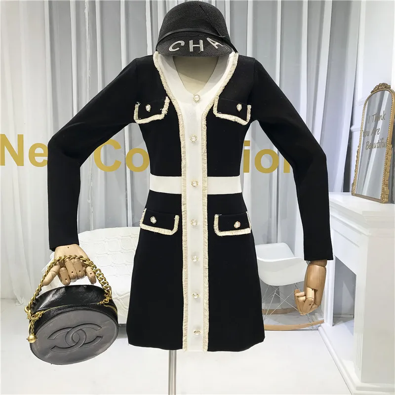 ALPHALMODA осень новое французское вязаное платье с v-образным вырезом и длинным рукавом женское приталенное модное платье с искусственным карманом