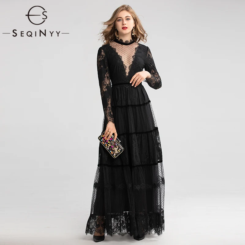 SEQINYY Sexy Maxi Jurk 2020 Zomer Lente Nieuwe Mode Ontwerp Vrouwen Lange Mouw Doorschijnend Mesh Kant Bloemen Hoge Kwaliteit Jurk