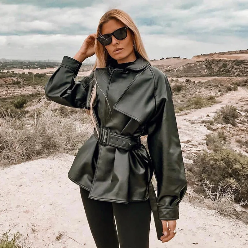 

Spring Autumn Boyfriend Style PU Leather Jacket Loose Solid Color Belt Long Sleeve Lapel Black Women Casual Coat Streetwear