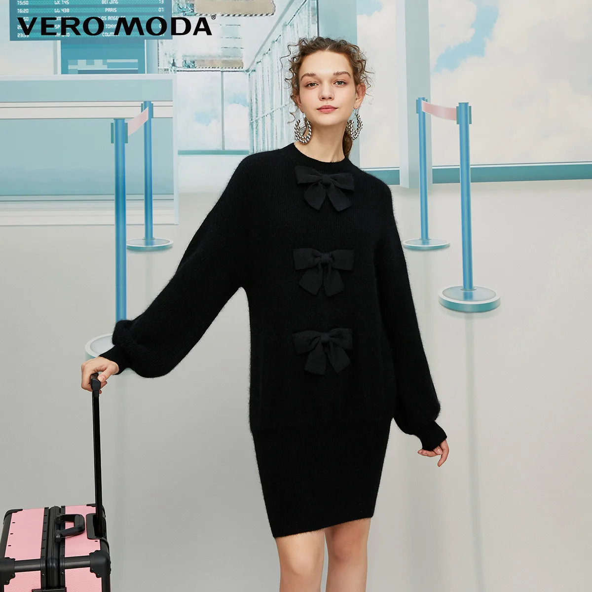 Vero Moda кроличий мех овечья шерсть воздушные шары рукава свободный крой вязаное платье | 319446531 - Цвет: Black