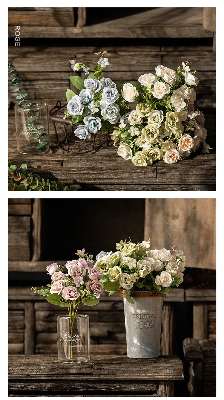 Nordic 10 Simulation Small Roses Artificial Bouquet Indoor Hotel Decoration Placed High Quality Plastic Silk Flower QW42 (3)