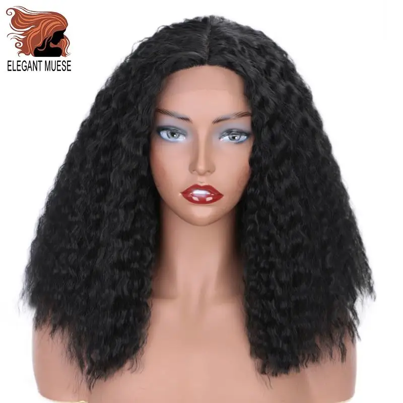 ELEGANT MUSES Synthetic Lace Front Wigs Afro Kinky Straight Natural Black Medium Length High Temperature Fiber Women's Wig | Шиньоны и