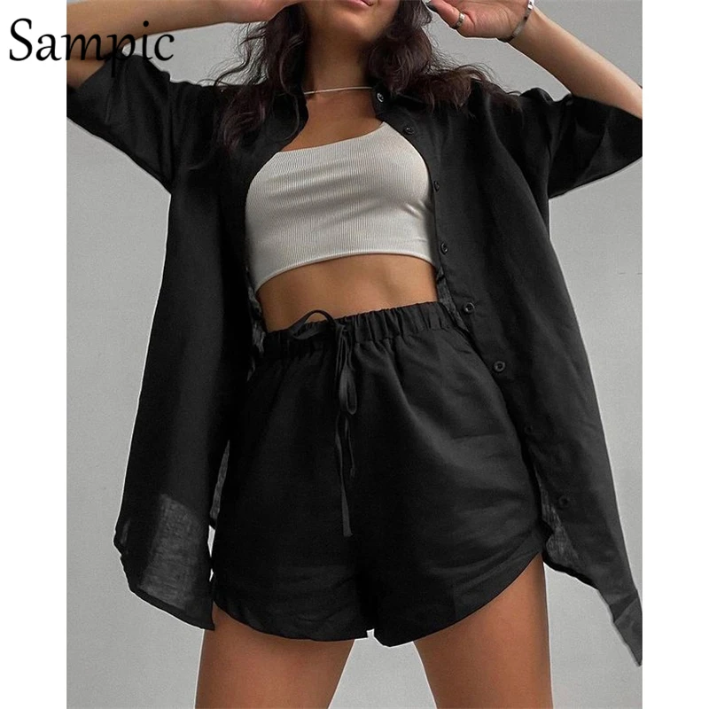 Sampic Casual Lounge Wear Summer Green Tracksuit Women Shorts Set Short Sleeve Shirt Tops And Loose Mini Shorts Two Piece Set loungewear sets