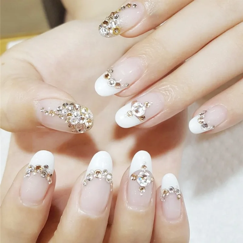 

24pcs Fake Nails Champagne French Ins Artificial Multiple Colors Pointed Bridal False Nails Self-sticking Tips Sticker