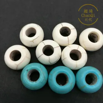 

50 pcs /lot 8*14 mm Round stone Turquoises blue and white Beads for Jewelry Making , 5 mm hole Round Loose Spacer Beads