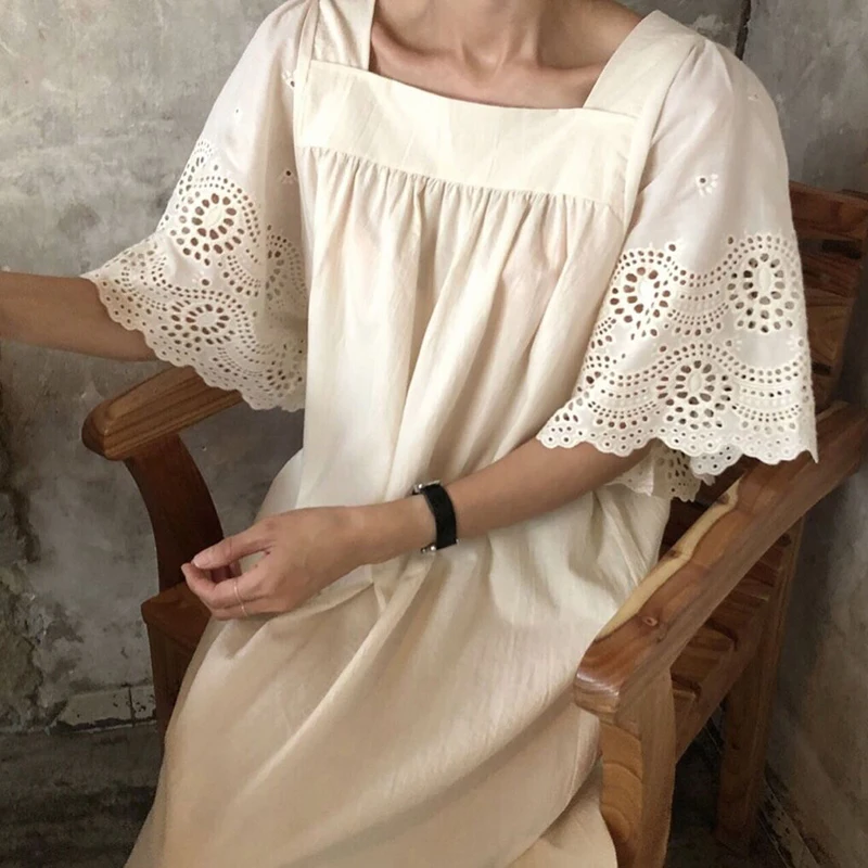 Embroidery Straight Dress Women Hollow Out Cotton Vintage Summer Long Maxi Dress Plus Size Loose Square Neck Flare Sleeve Dress
